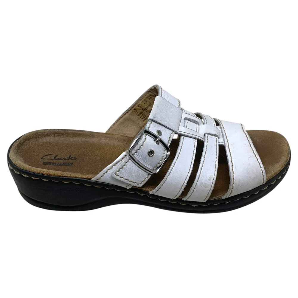 Clarks Collection Sz 10 White Leather Comfort Slide Sandals Buckle Platform Mule